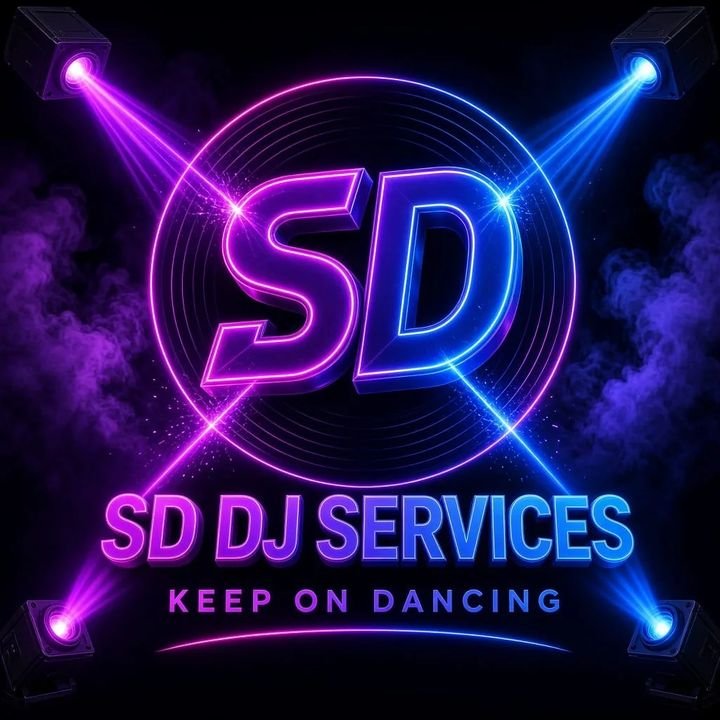 SD DJ Services — neon SD logo with purple and blue lasers, vinyl outline, and Keep on Dancing